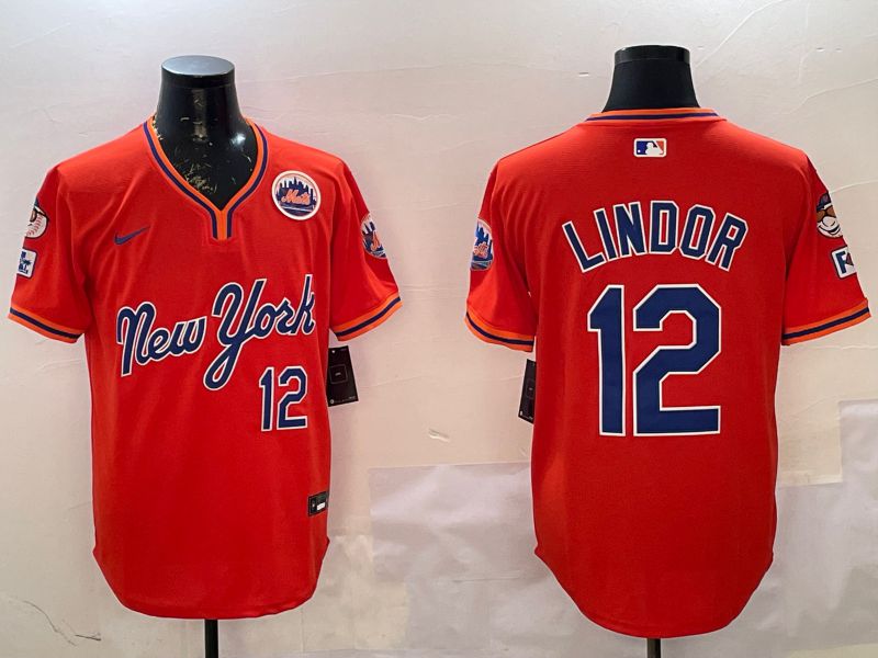 Men New York Mets 12 Lindor Orange Throwback Game Nike 2025 MLB Jersey style 1